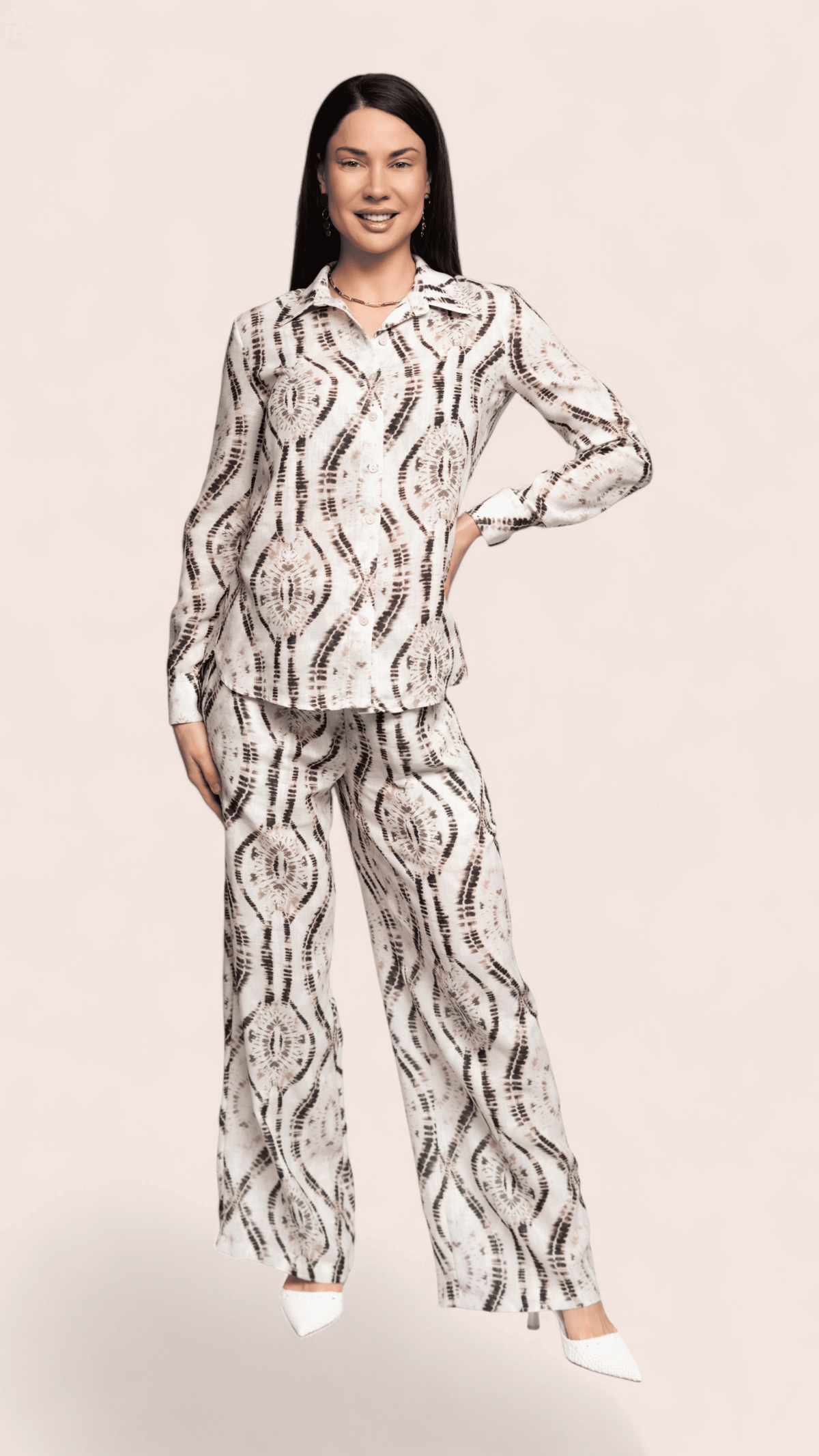 Ivory Printed Shirt & Wide-Leg Trousers Set