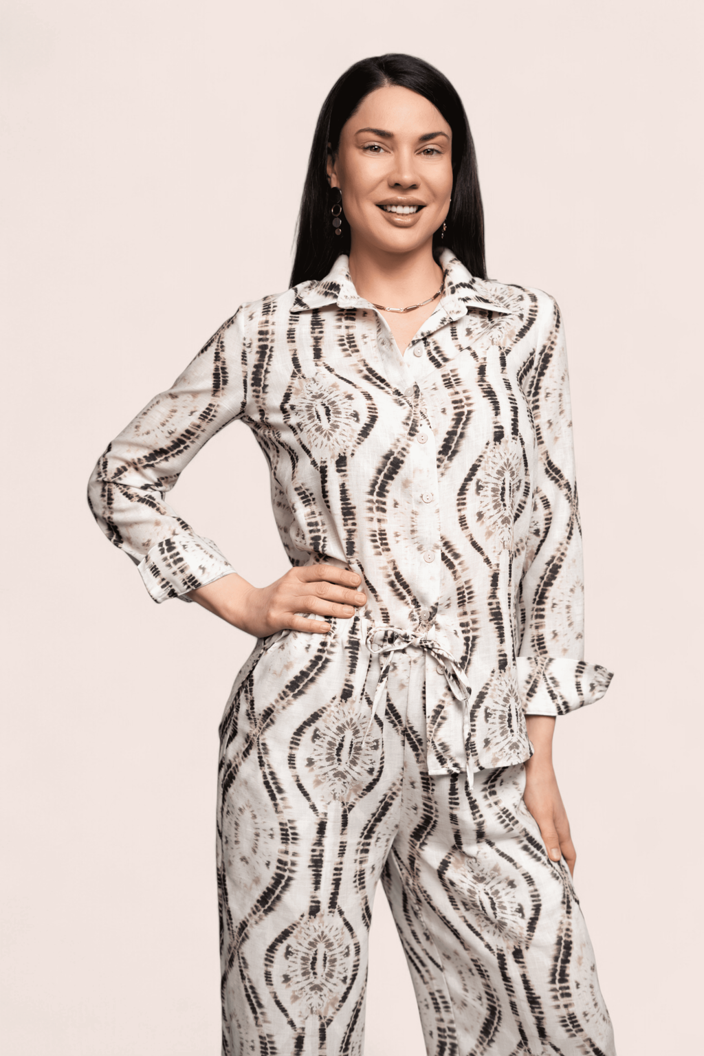 Ivory Printed Shirt & Wide-Leg Trousers Set