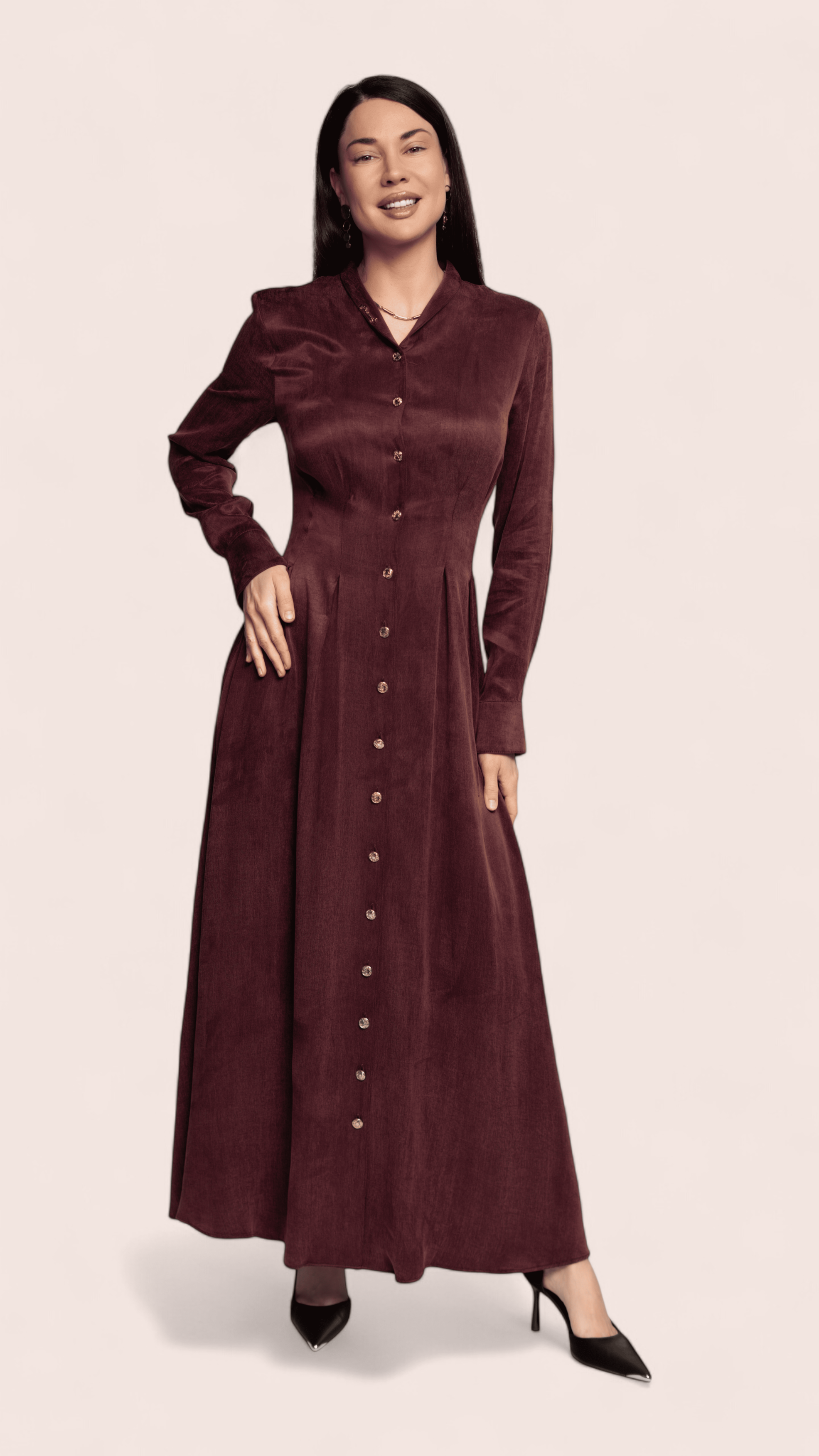 Burgundy Button-Front Maxi Dress
