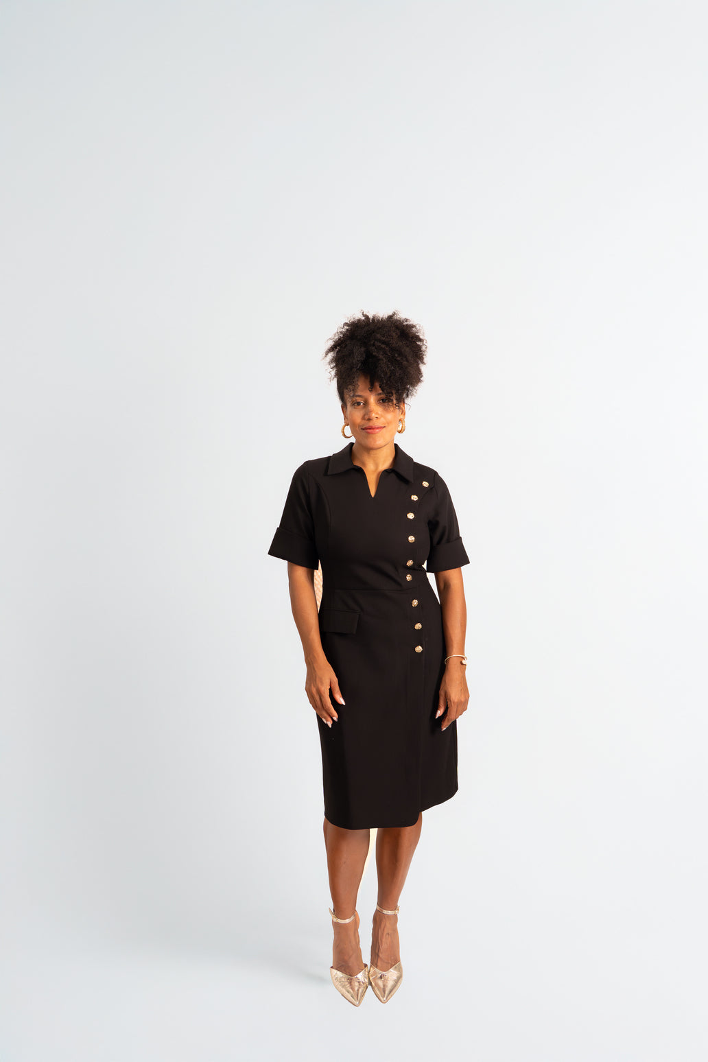 Button-Detail Black Midi Dress
