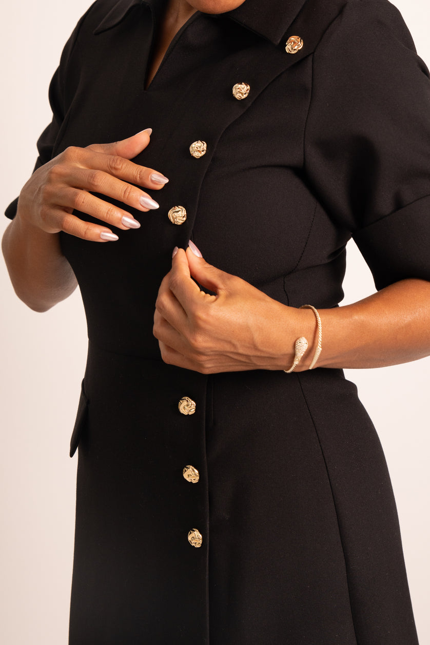 Button-Detail Black Midi Dress