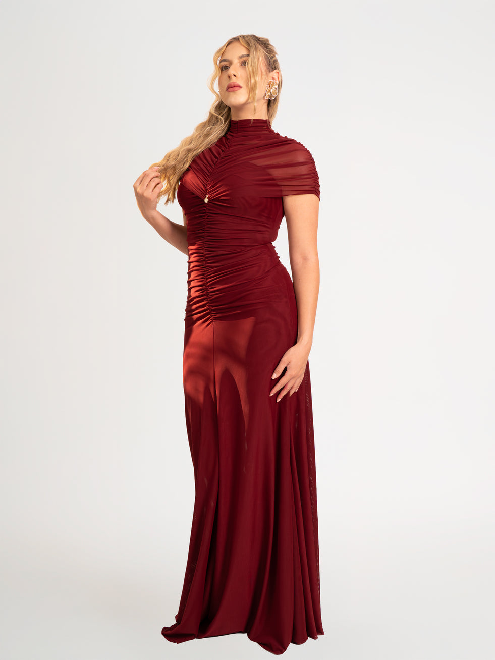 Burgundy High-Neck Evening Dress