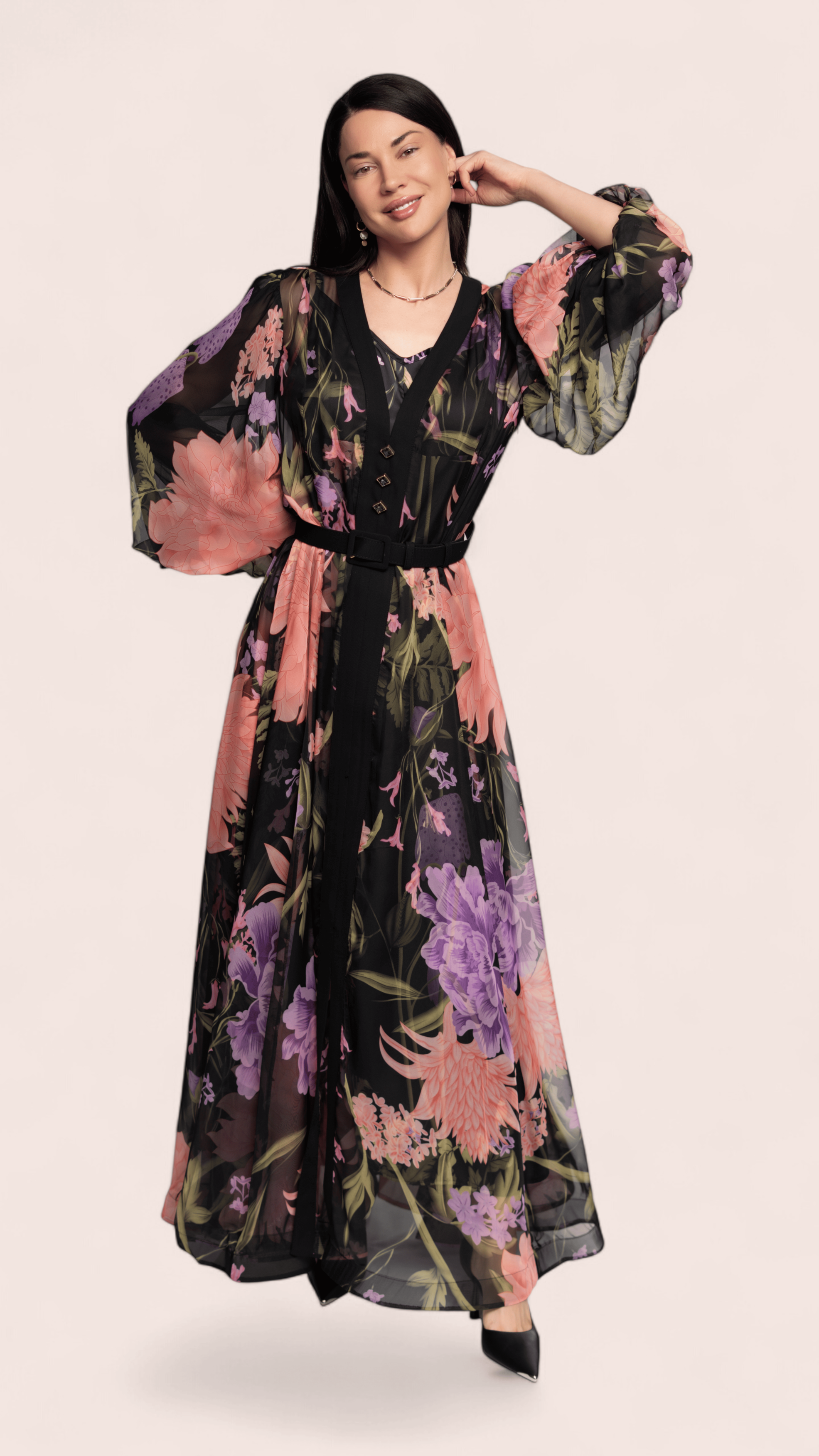 Black Floral Chiffon Belted Maxi Dress