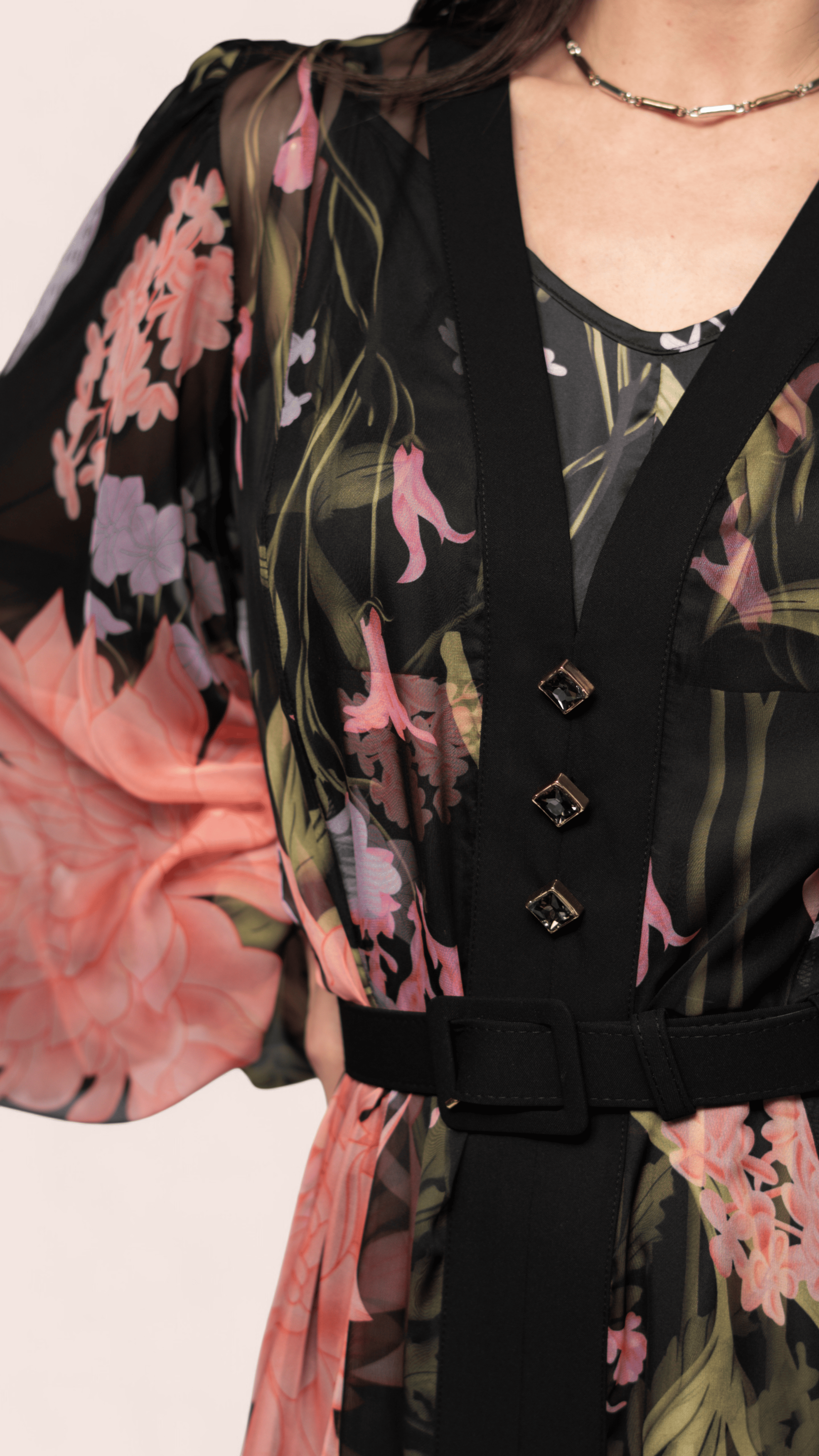 Black Floral Chiffon Belted Maxi Dress