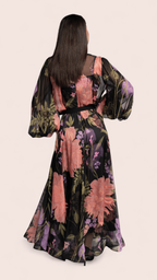 Black Floral Chiffon Belted Maxi Dress
