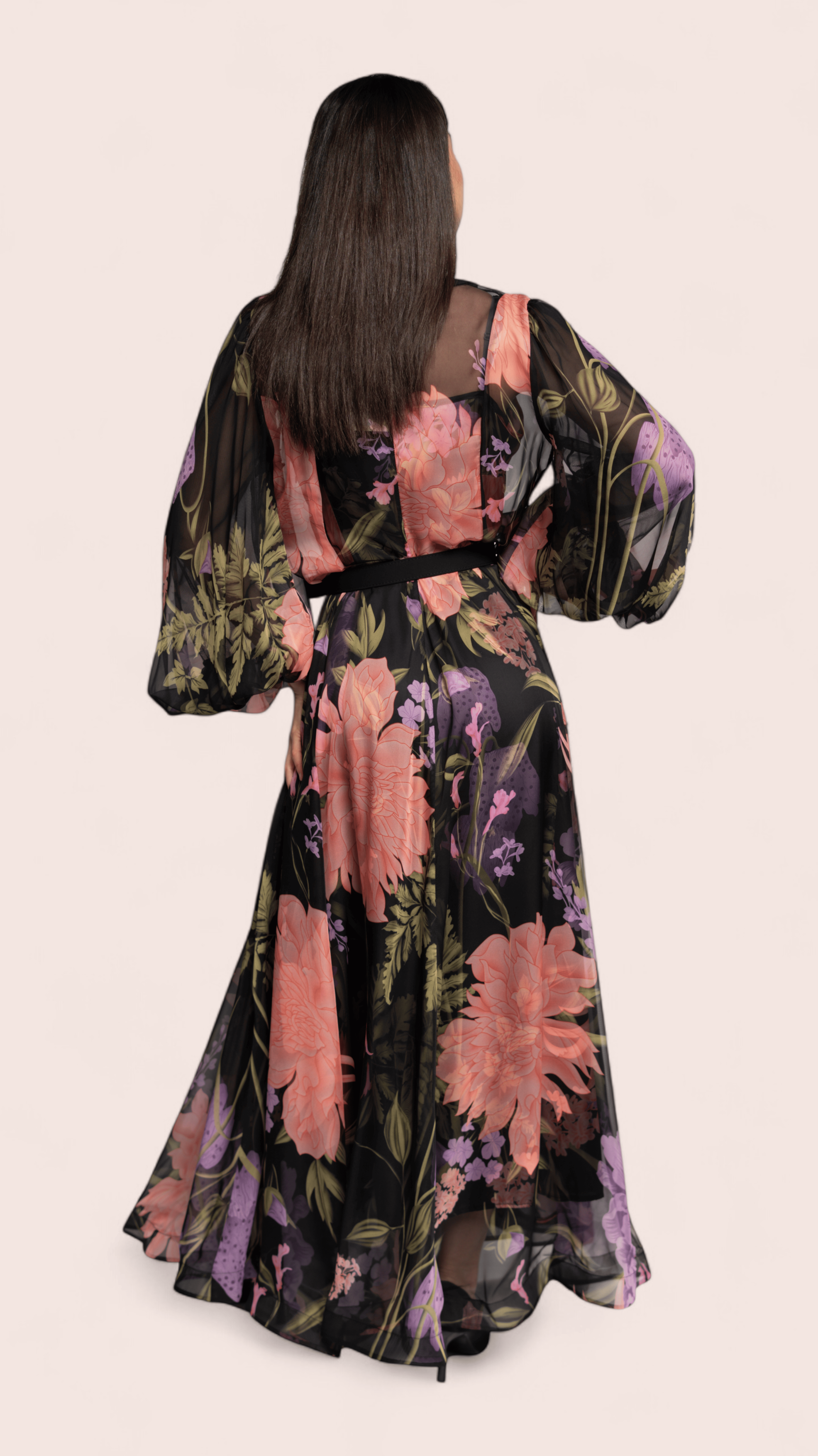 Black Floral Chiffon Belted Maxi Dress