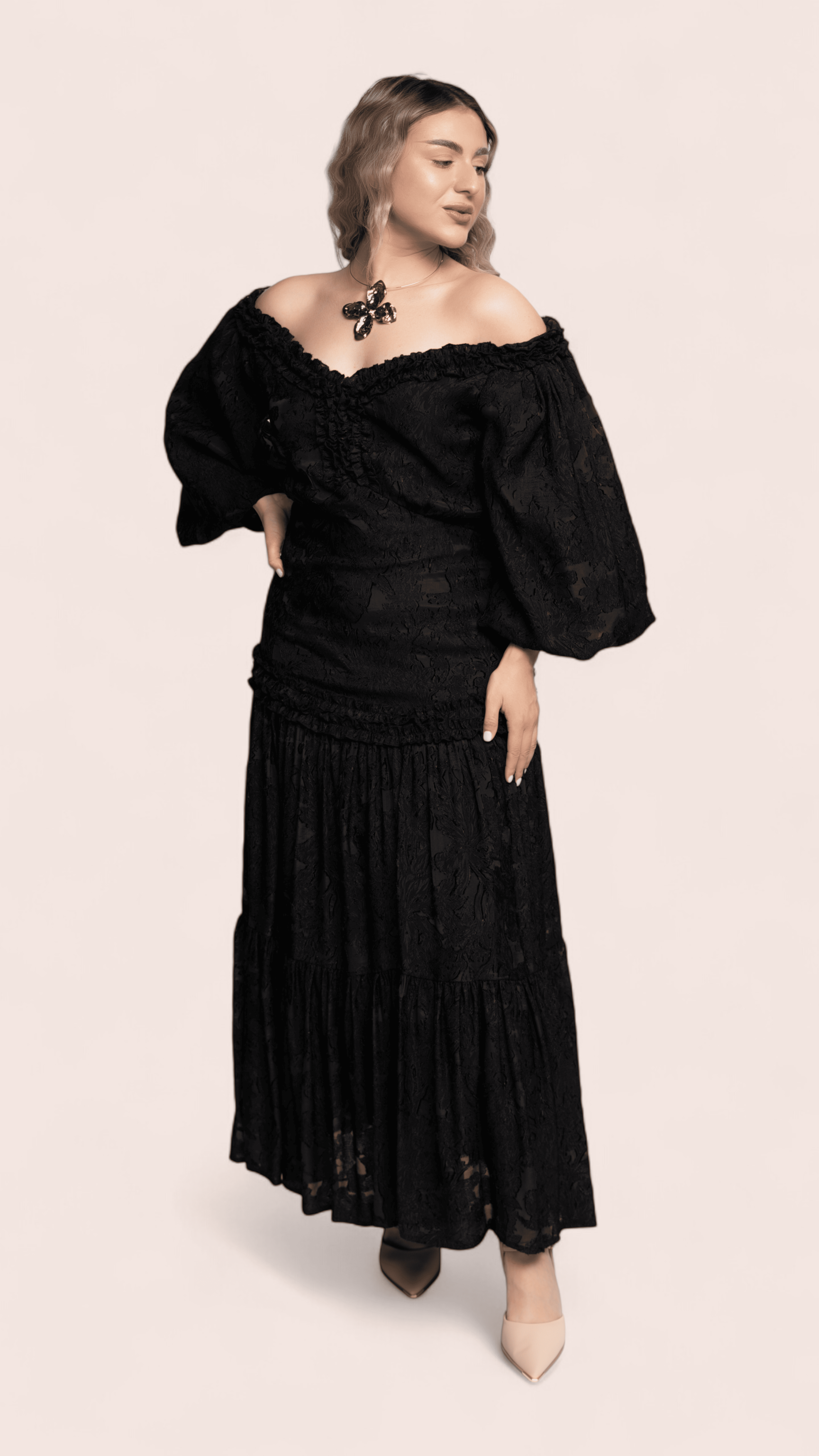 Black Off-Shoulder Textured Lace Maxi Dress
