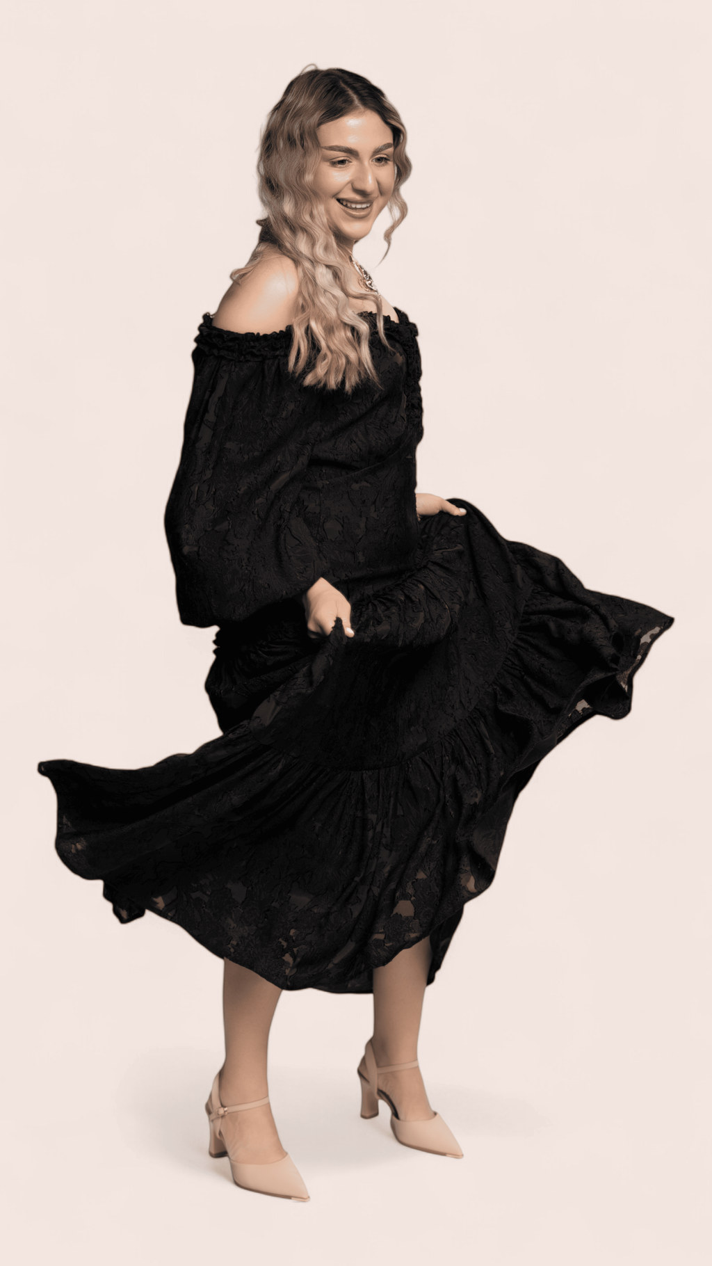 Black Off-Shoulder Textured Lace Maxi Dress