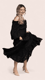 Black Off-Shoulder Textured Lace Maxi Dress