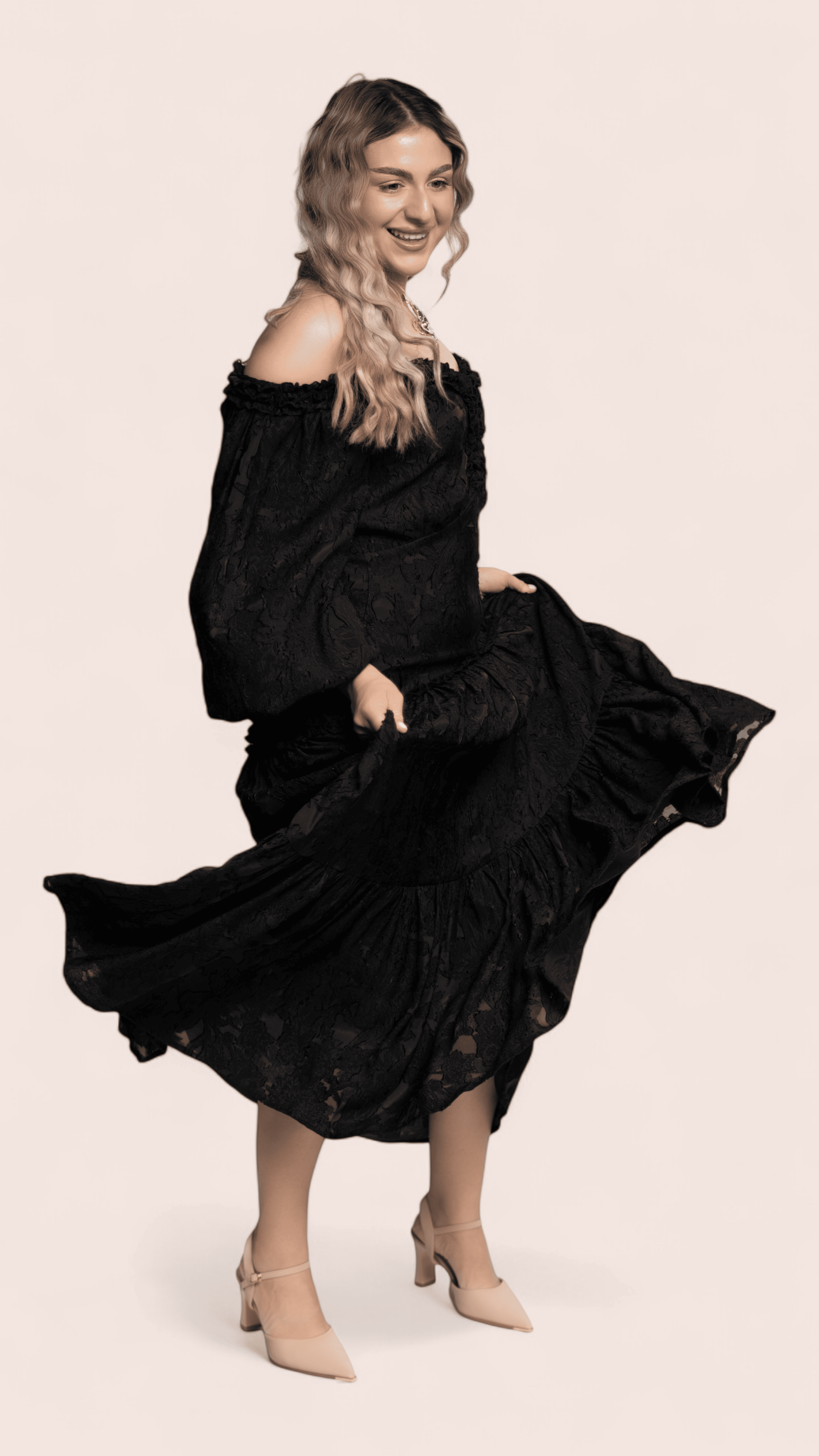 Black Off-Shoulder Textured Lace Maxi Dress