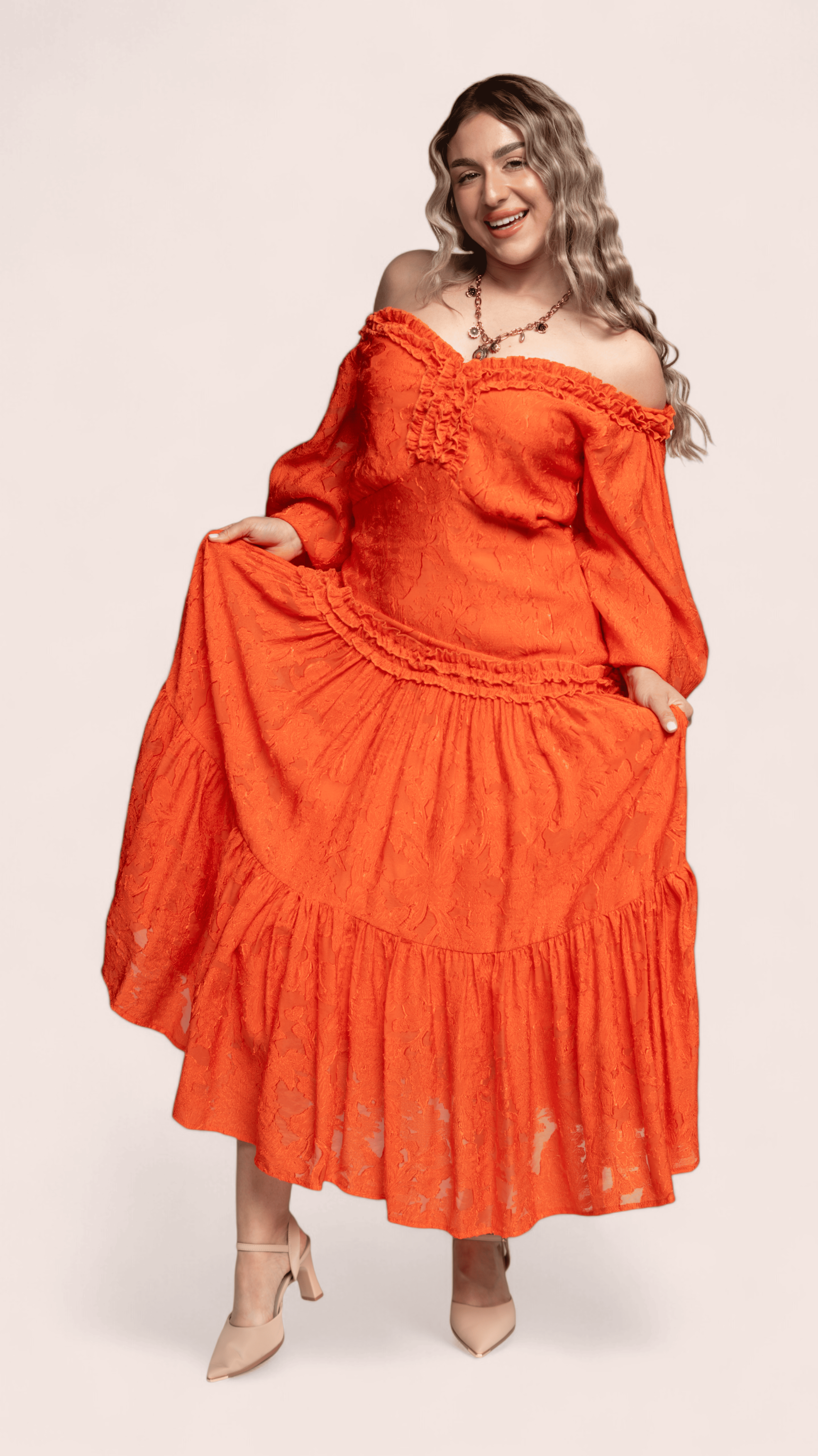 Burnt Orange Off-Shoulder Textured Maxi Dress