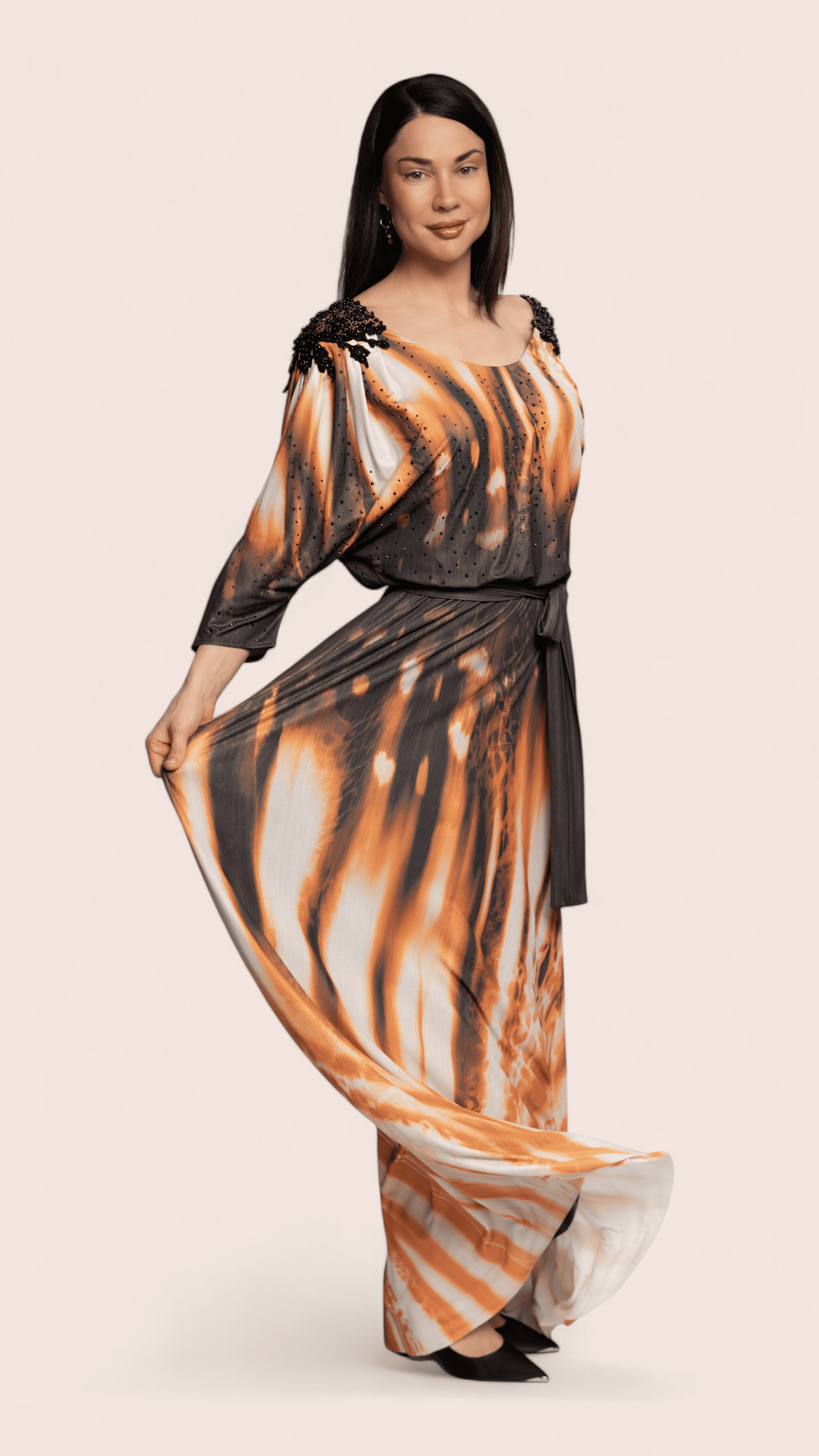 Amber & Black Beaded Shoulder Maxi Dress