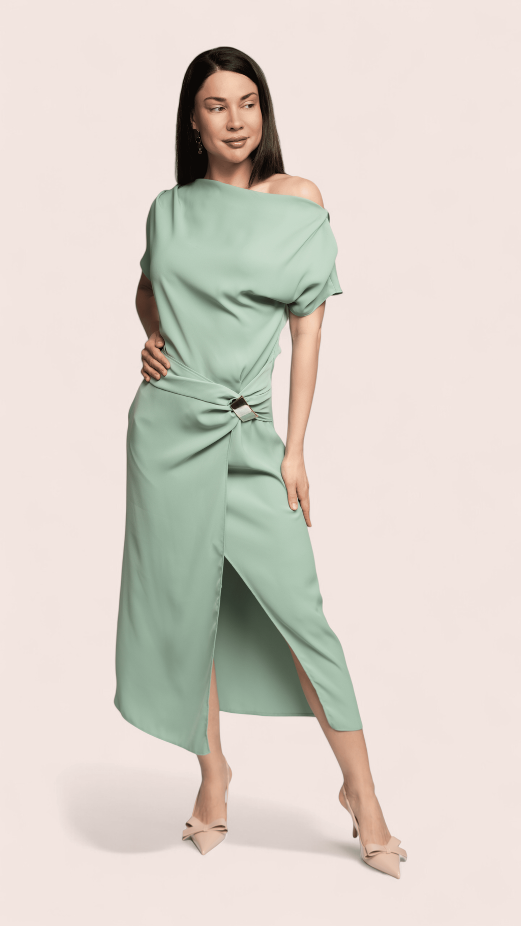Sage Green Draped Midi Dress